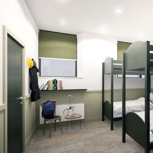 Gateway-Lodge-Bedroom-Square-Credit-Allan-Joyce-Architects Artist's impression of an en-suite bedroom with bunk beds at Gateway Lodge Ashbourne Credit Allan Joyce Architects